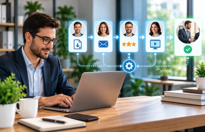 Automated B2B lead nurturing workflow moving prospects from initial interest toward sales readiness