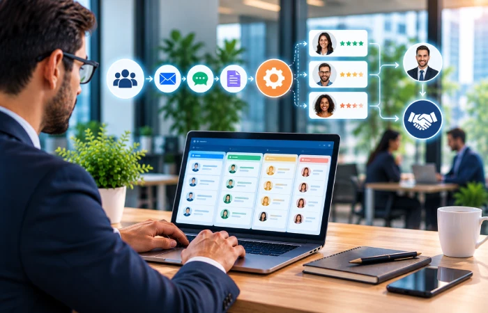 B2B marketing automation system personalizing customer journeys and routing leads to sales teams