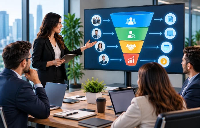 B2B marketing funnel workflow guiding prospects from awareness through evaluation to purchase