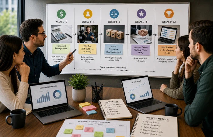 B2B marketing team planning a pillar page with interconnected supporting content for different buyers in a purchasing committee