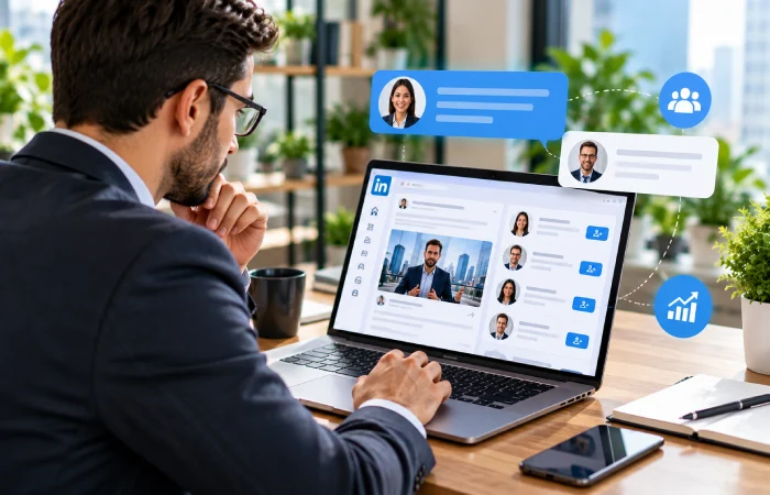 B2B sales professional engaging with a prospective business customer online