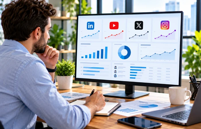 B2B marketer analyzing social media engagement and sales pipeline metrics