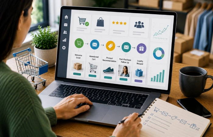 Ecommerce marketer managing customer segments, automated shopping journeys, and email campaigns on a laptop