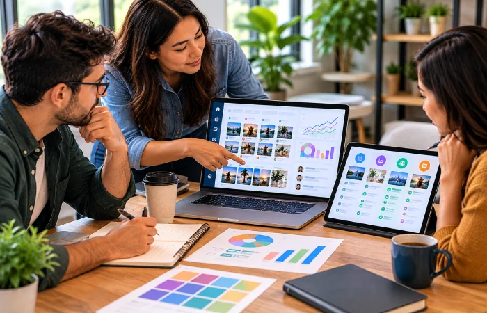 Marketing team evaluating a social media management platform
