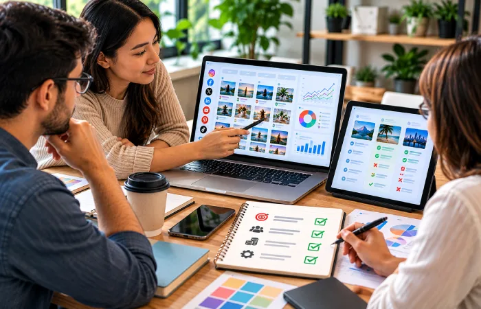 Marketing team comparing social media management tools