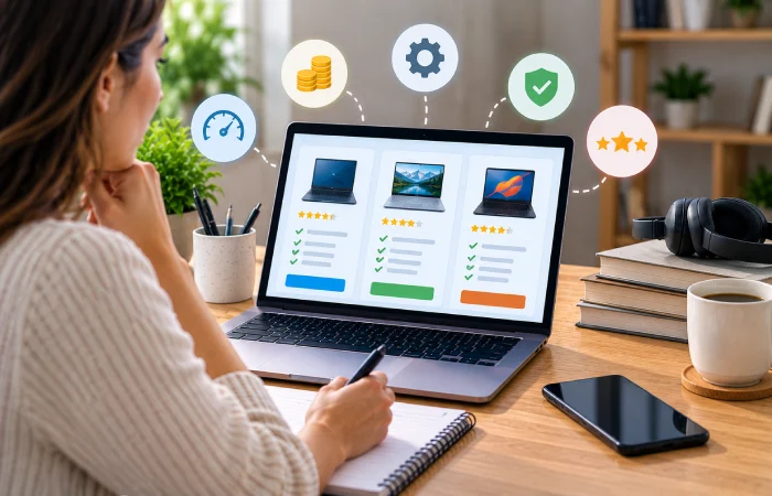 User comparing products and options for a commercial search