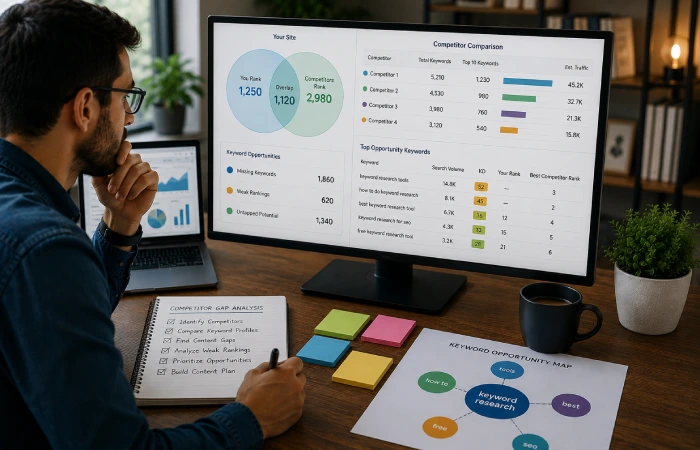 SEO team comparing competitor rankings to identify missing, weak, and untapped keyword opportunities