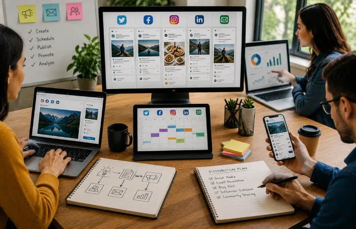 Content team creating written, graphic, and video marketing assets using digital production tools