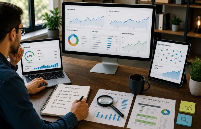 Marketing team distributing content across social media, email, websites, and multiple digital channels
