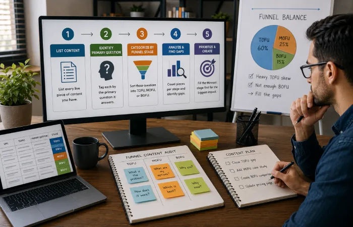 Content strategist auditing existing articles and organizing them across awareness, consideration, and decision stages