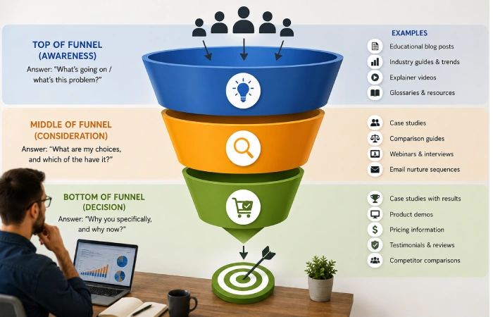 Marketing strategy visual showing prospects progressing through awareness, consideration, and decision stages