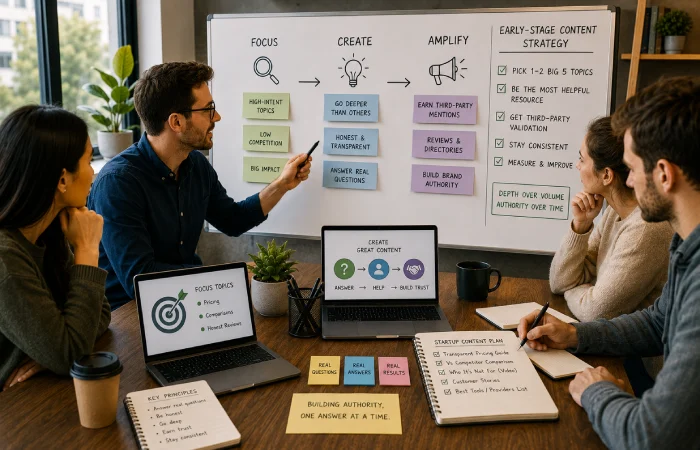 Marketing team planning a quarterly sequence of pricing, comparison, review, and best-provider content around buyer intent
