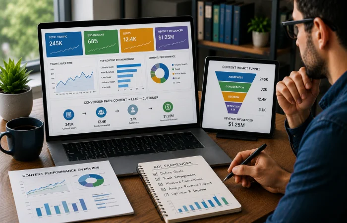 Marketing analyst measuring content engagement, conversion influence, and revenue impact on a digital dashboard