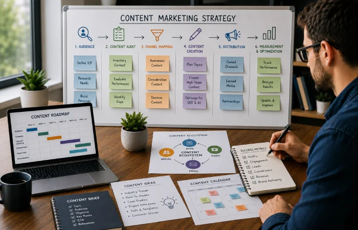 Content marketing team planning audience research, content audits, funnel mapping, publishing, measurement, and updates