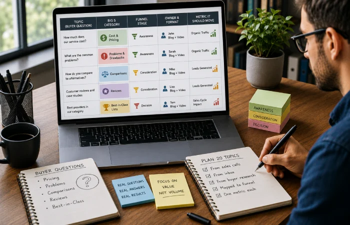 Content strategist organizing topics by buyer question, Big 5 category, funnel stage, owner, format, and performance metric
