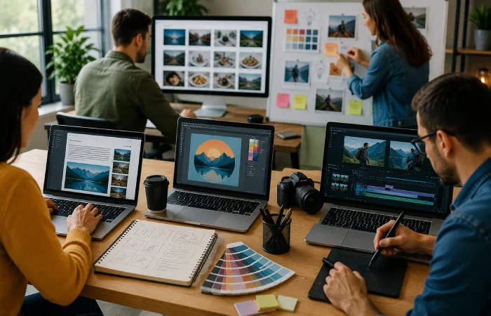 Marketing team organizing a content calendar and editorial workflow on computers and planning boards