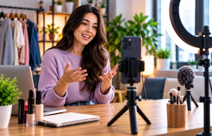 Content creator filming authentic vertical video for a TikTok advertisement