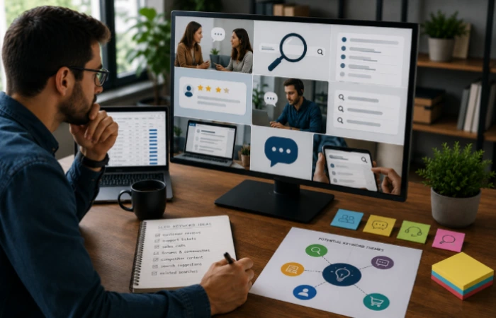 Marketing team gathering customer language from reviews, support conversations, forums, and search suggestions