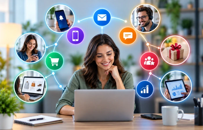 Customer retention workflow coordinating automated messages across email SMS push and digital channels