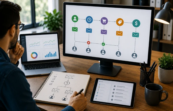 Marketing specialist planning an automated email sequence with connected subscriber journey stages on multiple screens