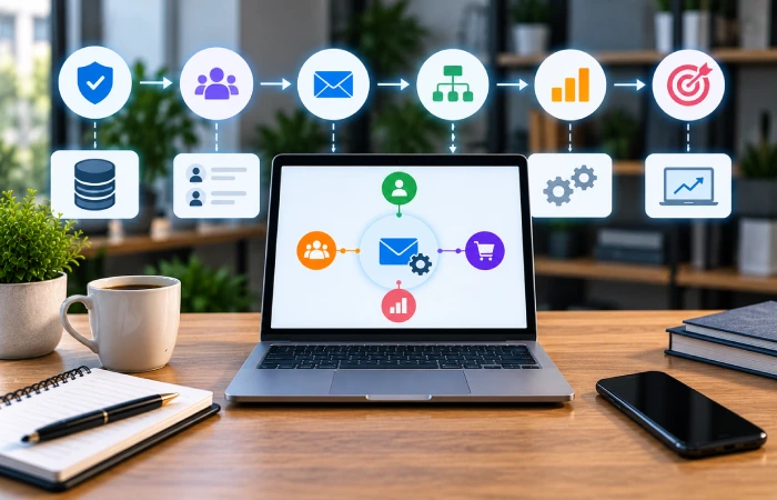 Marketing automation workflow connecting deliverability, segmentation, triggered campaigns, and optimization