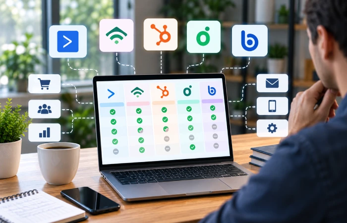 Marketing team comparing email automation platforms for CRM integration, ecommerce, and multi-channel workflows