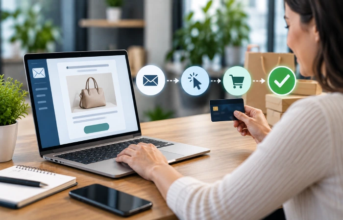 Email campaign driving customers from a promotional message toward a completed conversion
