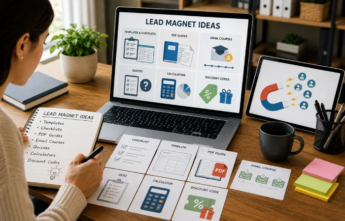 Marketing professional creating digital lead magnets such as checklists, templates, guides, quizzes, and calculators