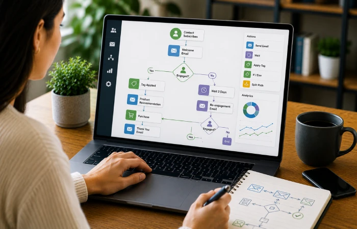 Marketing specialist building a visual automated email workflow with branching customer journeys