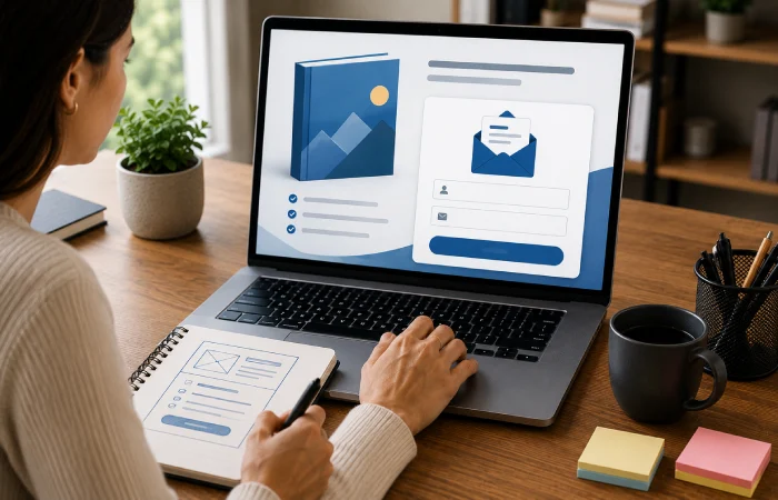 Marketer designing a simple email signup form with minimal fields and clear permission-based subscription choices