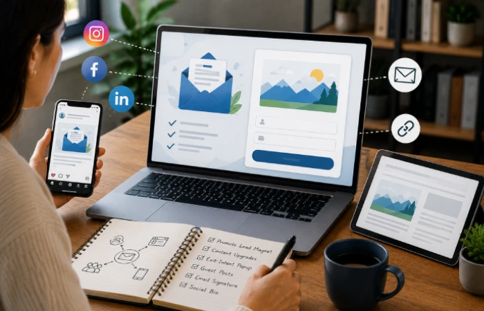 Digital marketer designing a focused email signup landing page with a lead magnet and simple registration form