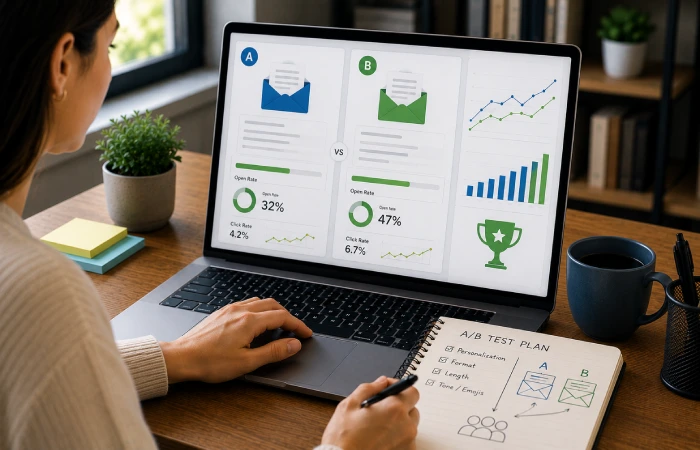 Email marketer comparing two campaign variations and analyzing open and engagement performance
