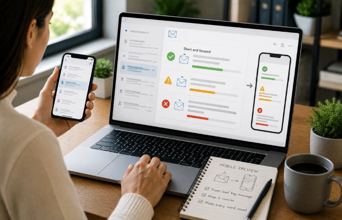 Marketer reviewing email subject line previews across desktop and mobile screens