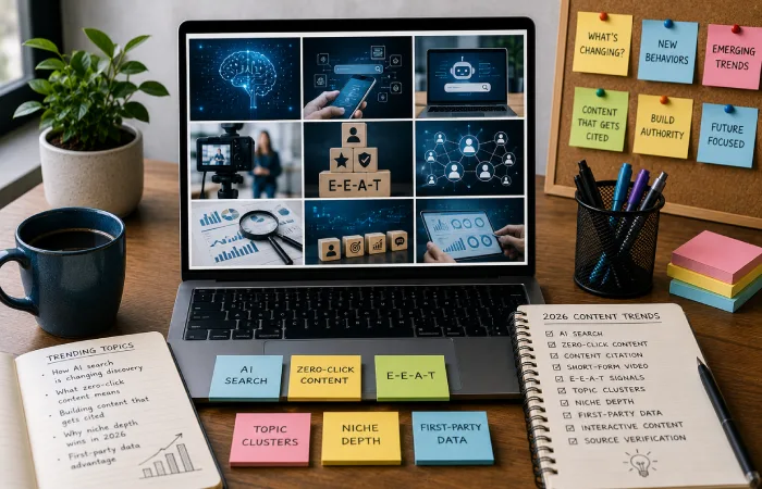 Content strategist organizing timeless blog topics including guides, comparisons, checklists, FAQs, and troubleshooting resources
