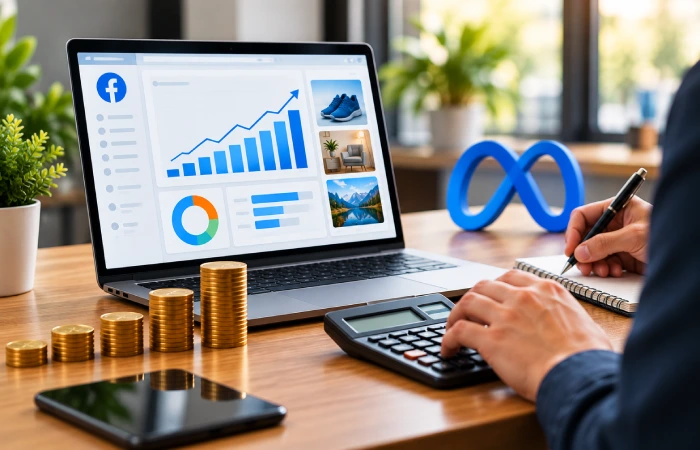 Facebook advertising budget and campaign cost analysis on a laptop