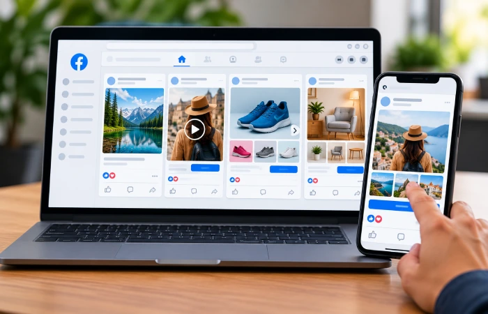 Examples of Facebook advertising formats displayed on laptop and smartphone