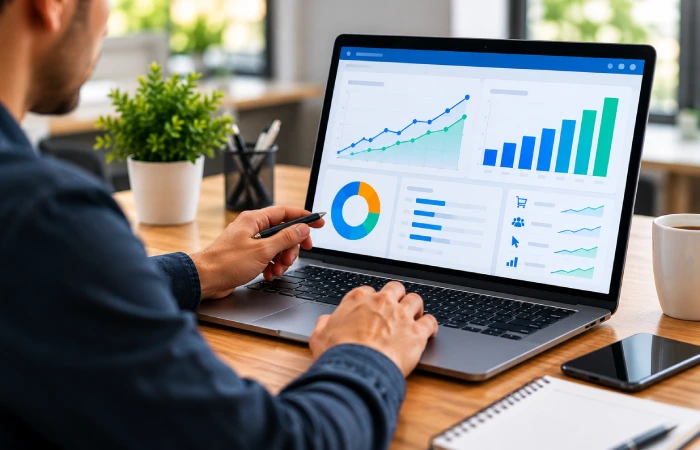 Marketer analyzing Facebook advertising performance metrics on a laptop