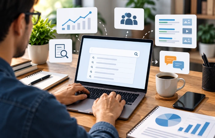 SEO specialist researching search terms using multiple keyword sources