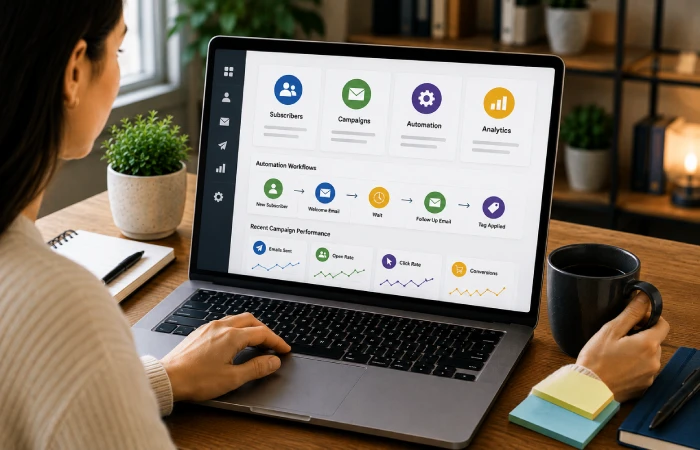 Small business owner evaluating free email marketing software with subscriber management and automation features