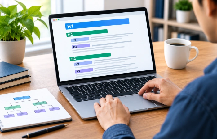 Person reviewing a webpage with a prominent main heading