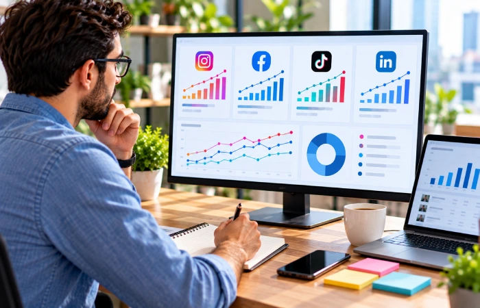 Social media marketer analyzing hashtag performance metrics on a laptop