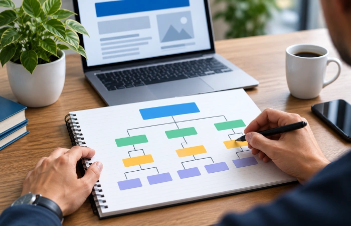 Person planning a hierarchical structure for webpage headings