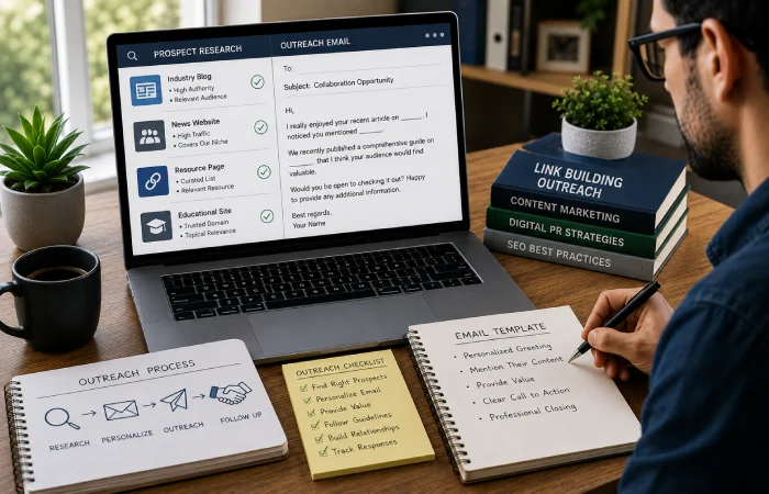 SEO professional evaluating backlink prospects based on topical relevance, organic traffic, editorial quality, and website authority
