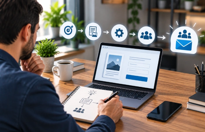 Marketer creating and preparing a digital lead magnet for an email opt-in