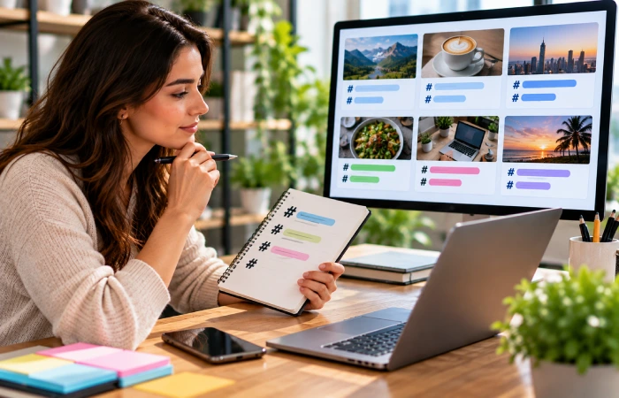 Social media marketer researching relevant hashtags on a smartphone