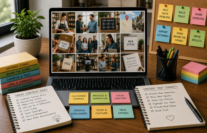 Content marketing team gathering blog ideas from search questions, competitor gaps, customer feedback, sales conversations, and industry discussions
