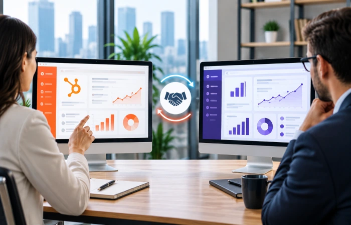 Marketing team comparing enterprise marketing automation and CRM platforms
