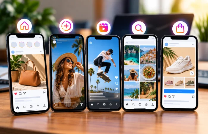 Instagram advertising formats displayed on a smartphone