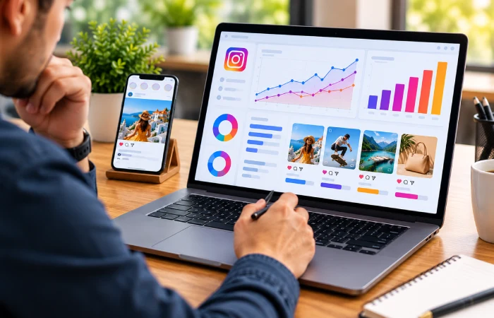 Marketer analyzing Instagram advertising performance metrics on a laptop