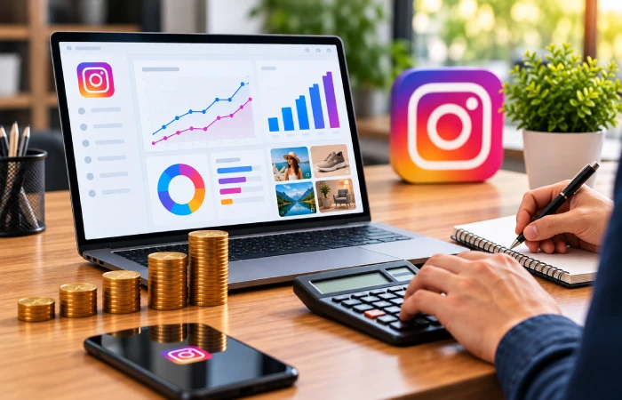 Instagram advertising costs and campaign budget analysis on a laptop